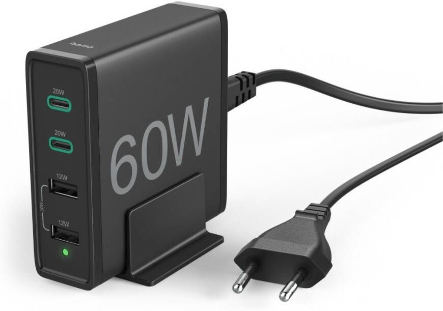 Hama Oplaadstation 60 watt 4-voudig (2x PD USB-C 2x USB-A) Oplader Zwart