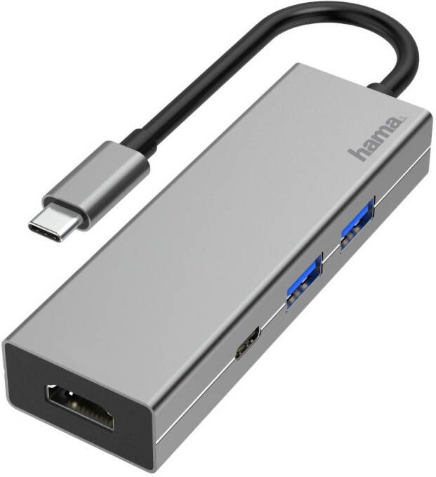 Hama USB-adapter USB-C multiport hub voor laptop met 4 poorten USB-A USB-C HDMI Laptop docking station compacte robuuste behuizing zilverkleurig (1 stuk)