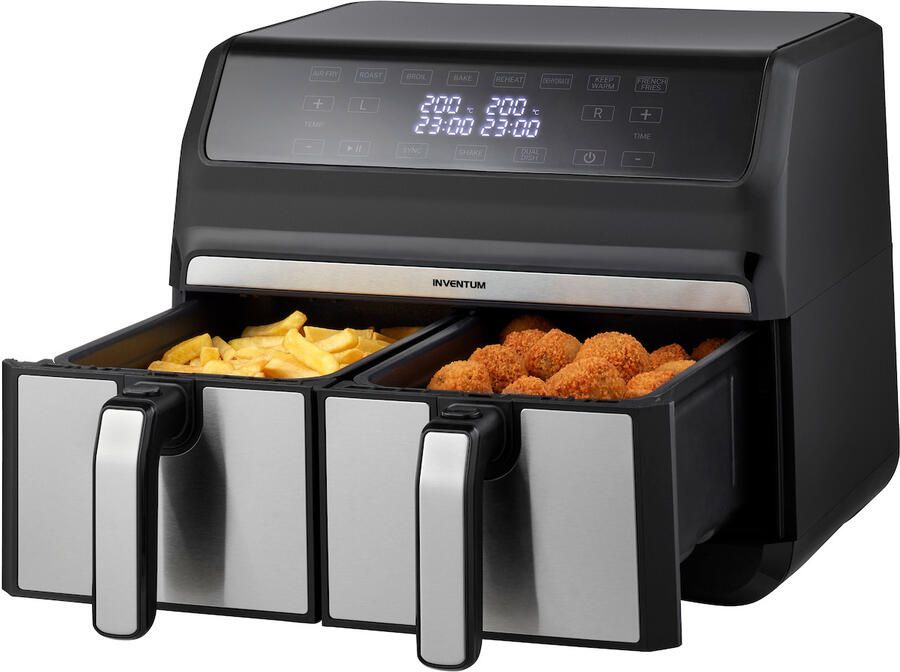 Inventum GF800HLD Dubbele airfryer Hetelucht friteuse 2 x 4 liter 8 programma's Dual cook functie 80 tot 200 graden 1700 watt Zwart RVS - Foto 3