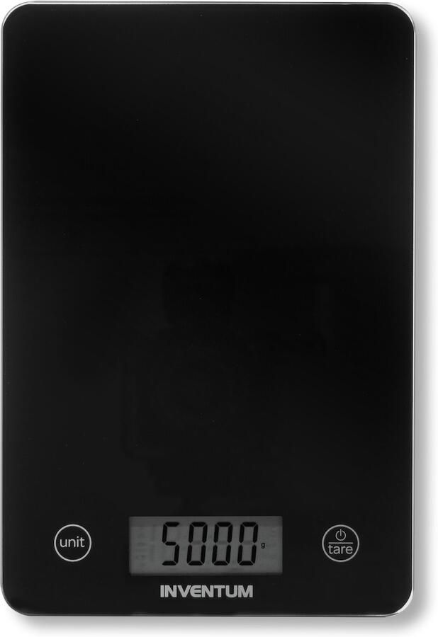 Inventum WS305B Digitale keukenweegschaal 1 gr tot 5 kg Tarrafunctie Glazen oppervlak Inclusief batterij Zwart glas