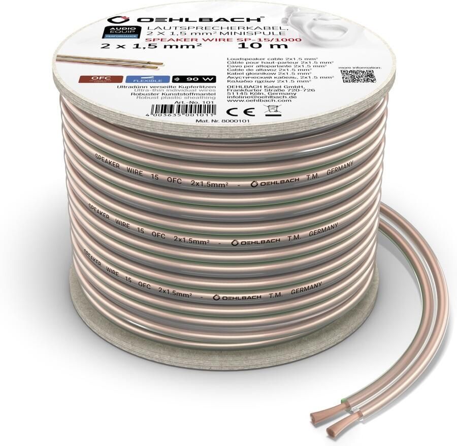 Oehlbach Luidsprekerkabel 2 x 1 5 mm² minihaspel 10 m Luidspreker kabel Transparant