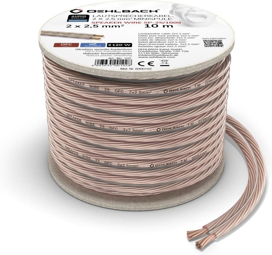 Oehlbach Luidsprekerkabel 2 x 2 5 mm² minihaspel 10 m Luidspreker kabel Transparant