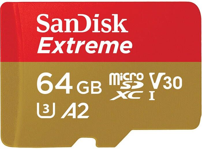 SanDisk MicroSDXC Extreme 64GB 170mb 60mb U3 V30 A2 AC incl RP DL 1Y Micro SD-kaart Goud