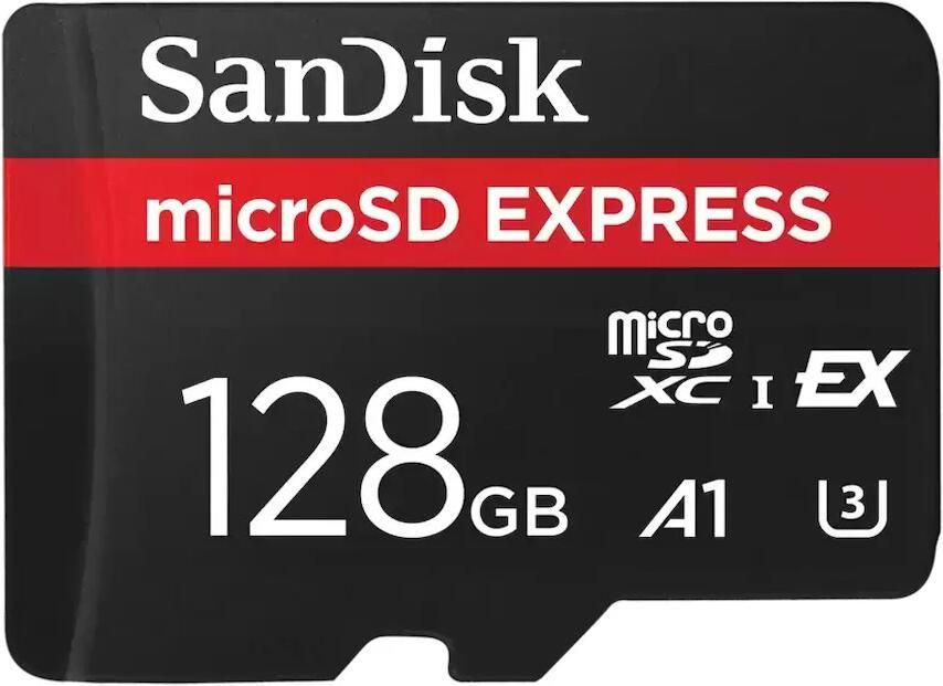SanDisk MicroSDXC Express 128GB 880mb s r 480mb s w 100mb s sustained write U Micro SD-kaart Zwart