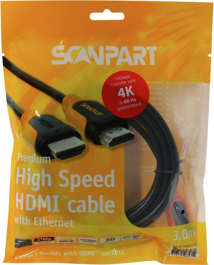 Scanpart Premium High Speed HDMI kabel met Ethernet 3.0m 4K60Hz 18Gbps HDMI kabel
