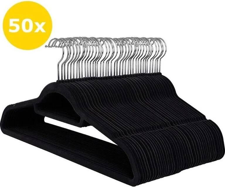 Acaza Set van 50 Anti-slip kleerhangers dunne Kledinghangers met Fluweel Kapstokken met Broeklat of Roklat Zwart