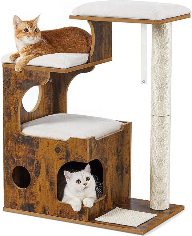 Acaza Krabpaal voor 1 of meerder Katten Boom vintage rustiek bruin wit