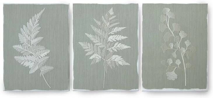 Merkloos Canvas Set Van 3 Met Geborduurde Details | Gevallen Bladeren Saliegroen | 3x 50x40 Cm