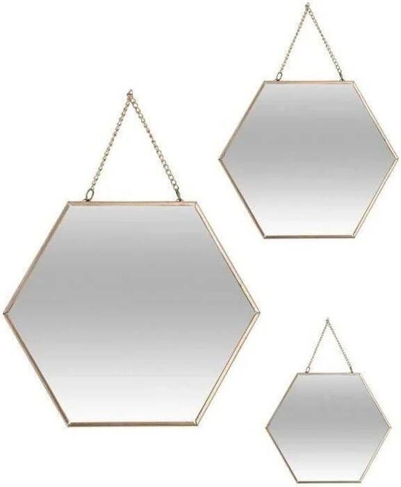 Atmosphera Set van 3x spiegels wandspiegels hexagon metaal goud met ketting Woondecoratie accessoires