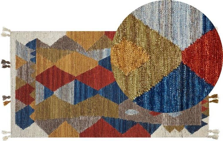 Beliani -ARZAKAN-Kelim vloerkleed-Multicolor|Blauw-80 x 150 cm-Wol