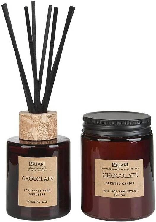 Beliani -DARK ELEGANCE-Geurkaars met geurstokjes-Chocolade-Soja wax