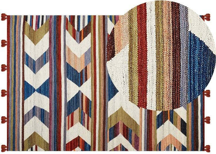Beliani -MRGASHAT-Kelim vloerkleed-Multicolor|Rood-140 x 200 cm-Wol