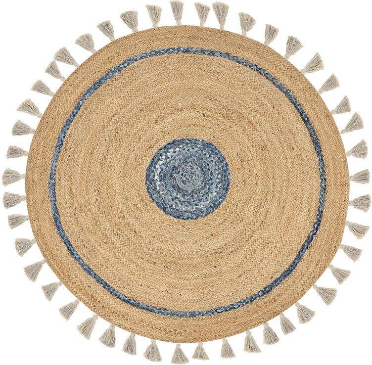 Beliani -OBAKOY-Laagpolig vloerkleed-Beige|Blauw-ø 140 cm-Jute
