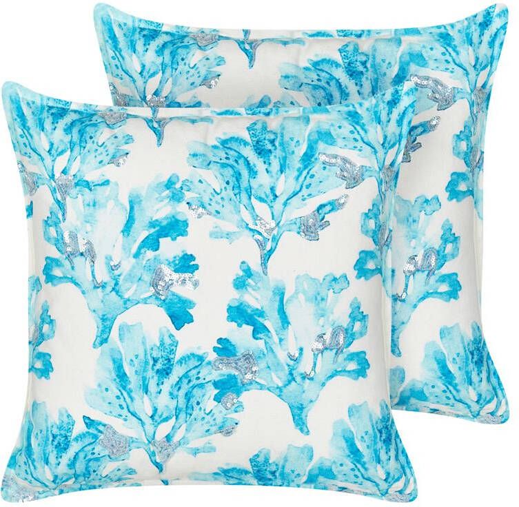 Beliani -ROCKWEED-Sierkussen set van 2-Wit|Blauw-45 x 45 cm-Katoen