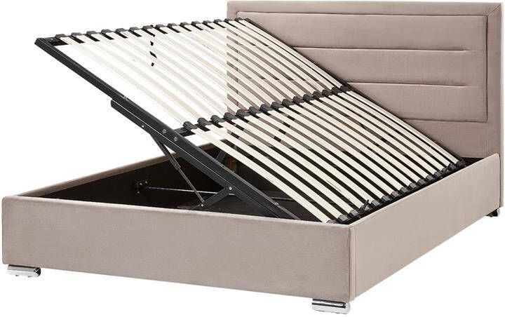 Beliani -ROUEN-Bed met opbergruimte-Beige-160 x 200 cm-Fluweel