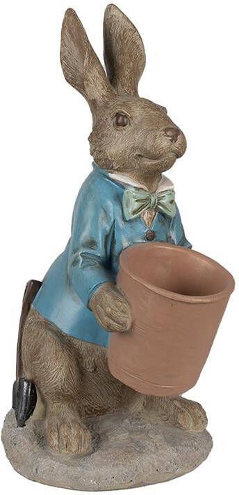 Clayre & Eef Beeld Konijn 46 cm Bruin Blauw Polyresin Bloempot Bruin Bloempot
