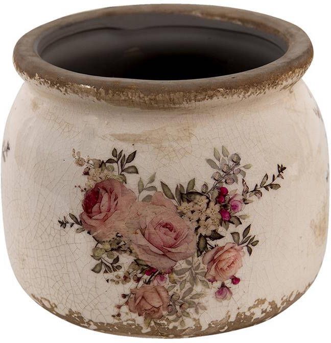 Clayre & Eef Bloempot Ø 10x9 cm Roze Beige Keramiek Rond Bloemen