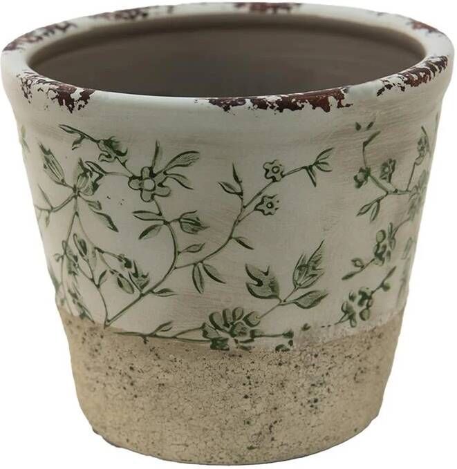 Clayre & Eef Bloempot Ø 12x10 cm Groen Wit Keramiek Rond Bladeren