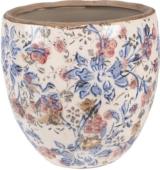 Clayre & Eef Bloempot Ø 13x11 Cm Blauw Beige Keramiek Rond Bloemen Bloempot Binnen Plantenpot Plant Pot Blauw Bloempot