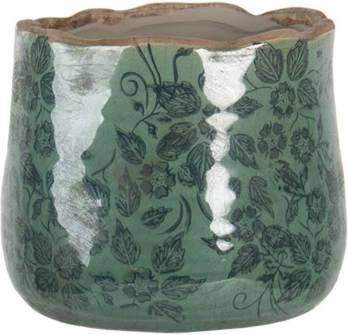 Clayre & Eef Bloempot Ø 13x11 Cm Groen Keramiek Rond Bladeren Bloempot Binnen Plantenpot Plant Pot Groen Bloempot