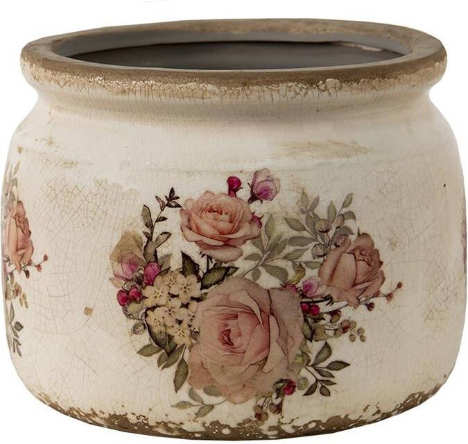 Clayre & Eef Bloempot Ø 14x12 cm Roze Beige Keramiek Rond Bloemen Bloempot binnen Plantenpot Plant pot