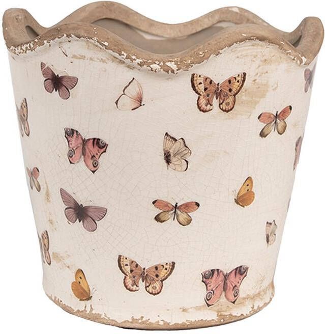 Clayre & Eef Bloempot Binnen Ø 16x15 cm Beige Roze Keramiek Vlinders Plantenpot