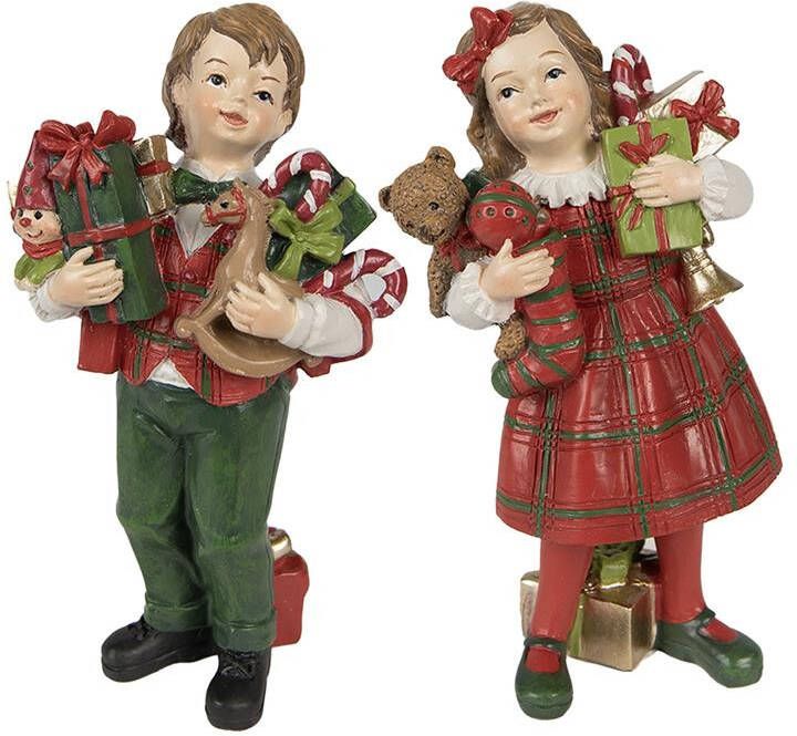 Clayre & Eef Decoratie Beeld Kinderen set van 2 13 cm Rood Groen Polyresin Kerstdecoratie Rood Kerstdecoratie