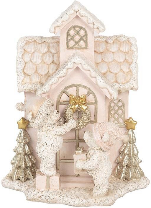 Clayre & Eef Decoratie Huis met LED 15x10x18 cm Roze Kunststof Beer