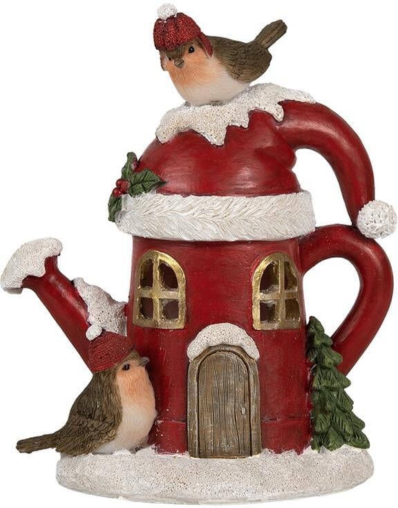 Clayre & Eef Decoratie Huis met LED Gieter 13x10x16 cm Rood Kunstleer