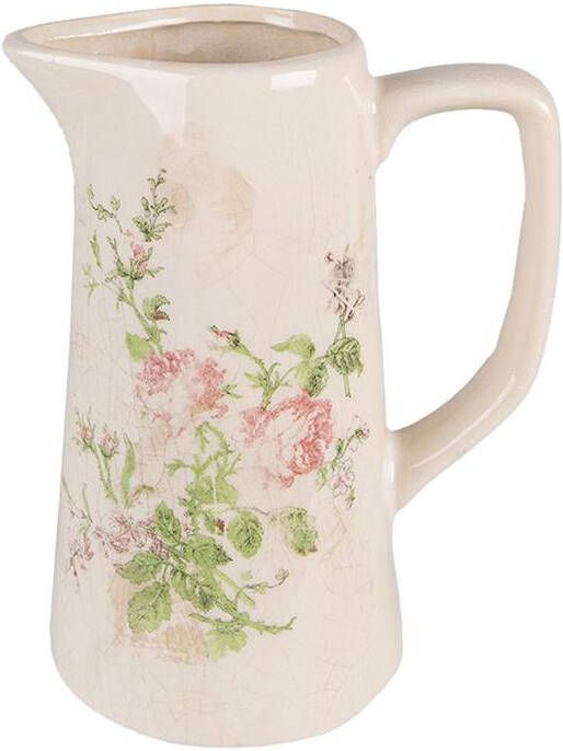 Clayre & Eef Decoratie Kan 15x10x19 cm Roze Beige Keramiek Bloemen Waterkan Roze Waterkan
