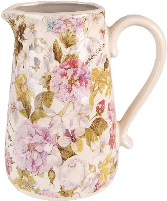 Clayre & Eef Decoratie Kan 16x11x18 cm Roze Beige Keramiek Bloemen Waterkan Roze Waterkan