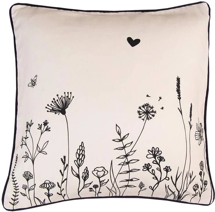 Clayre & Eef Kussenhoes 40x40 cm Beige Zwart Katoen Bloemen Sierkussenhoes Beige Sierkussenhoes