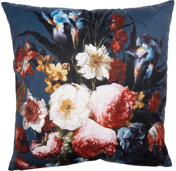Clayre & Eef Kussenhoes 45x45 cm Blauw Rood Polyester Bloemen Sierkussenhoes Blauw Sierkussenhoes