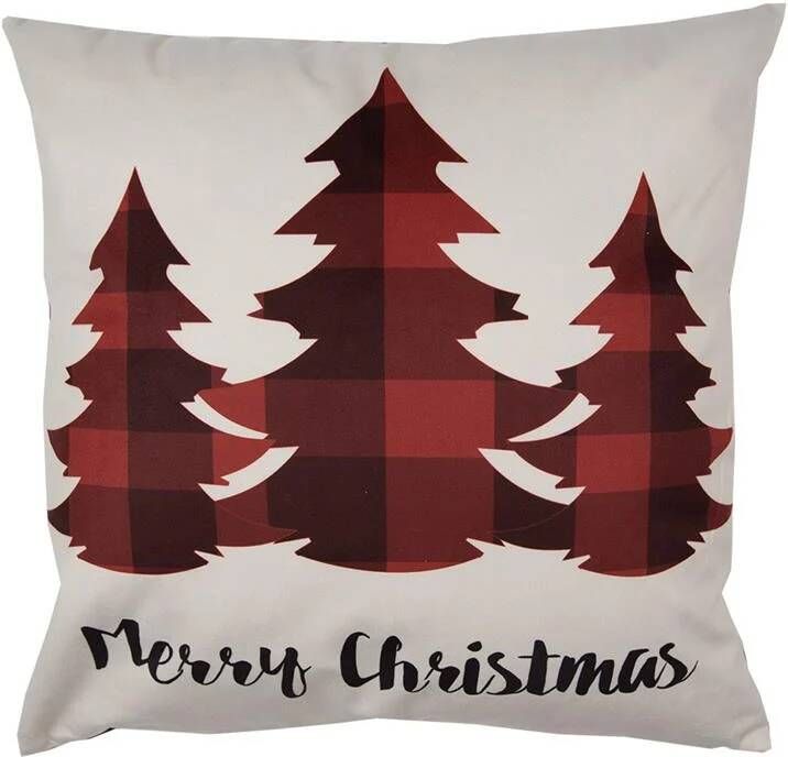 Clayre & Eef Kussenhoes 45x45 cm Rood Beige Polyester Kerstbomen Merry Christmas Sierkussenhoes Rood Sierkussenhoes
