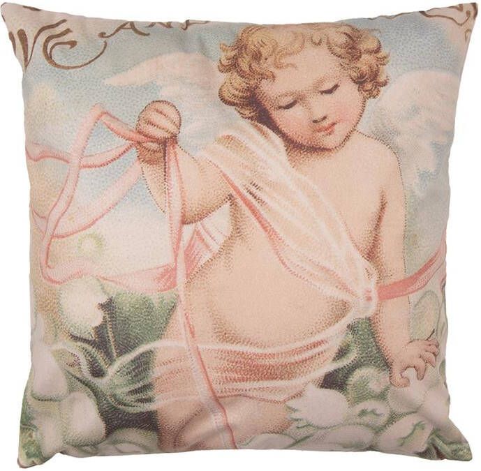 Clayre & Eef Kussenhoes 45x45 cm Roze Wit Polyester Engel Sierkussenhoes Roze Sierkussenhoes