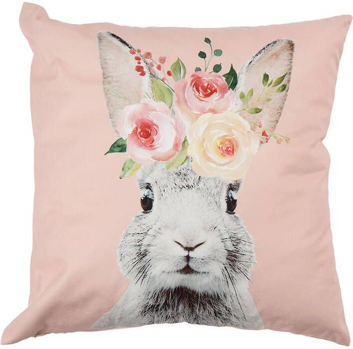 Clayre & Eef Kussenhoes 45x45 cm Roze Wit Polyester Vierkant Konijn