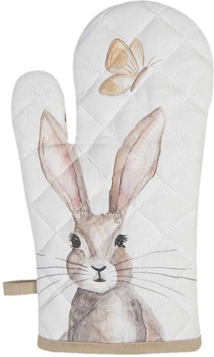 Clayre & Eef Ovenwant 16*30 cm Wit Bruin Katoen Konijn Ovenhandschoen Keukenhandschoenen