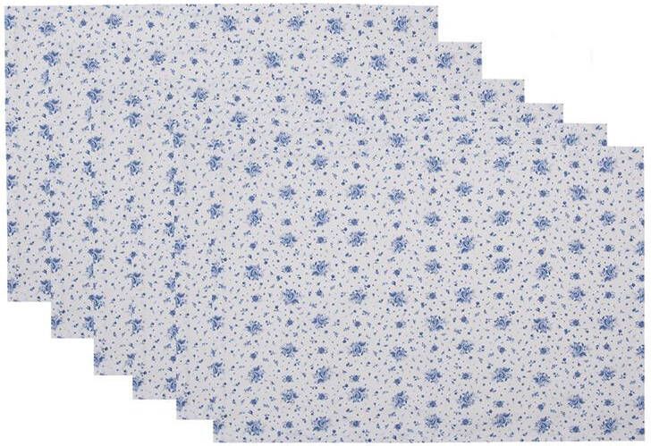 Clayre & Eef Placemats Set van 6 48x33 cm Wit Blauw Katoen Rechthoek Roosjes Blauw