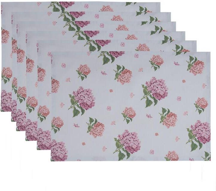 Clayre & Eef Placemats Set van 6 48x33 cm Wit Roze Katoen Hortensia Blauw