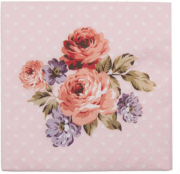 Clayre & Eef Servetten Papier Set van 20 33x33 cm (20) Roze Papier Bloemen Servetten Papieren Roze Servetten Papieren