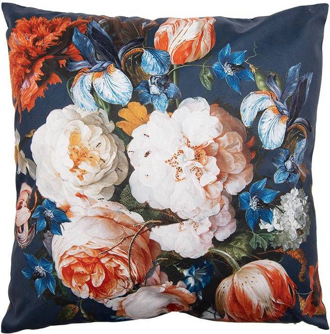 Clayre & Eef Sierkussen 45x45 cm Blauw Oranje Polyester Bloemen Sierkussenhoes Blauw Sierkussenhoes