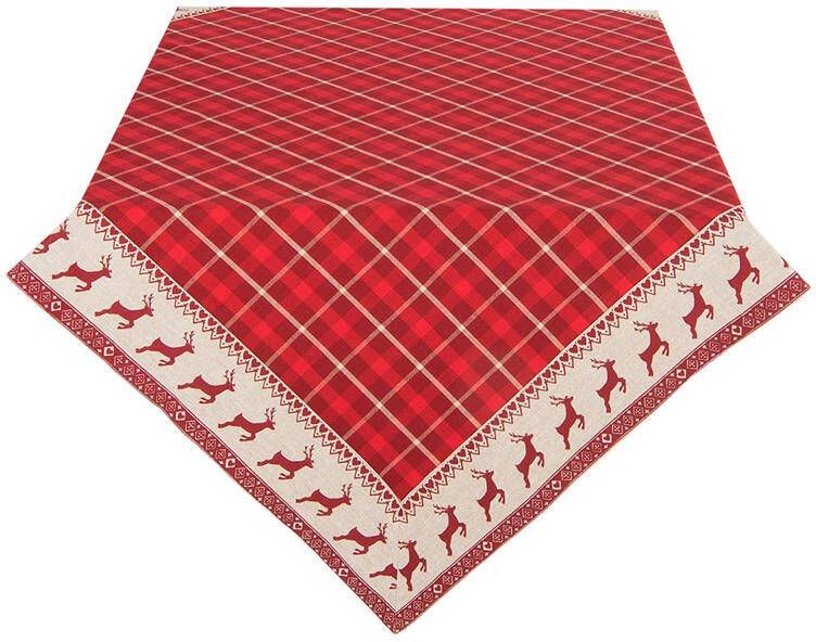 Clayre & Eef Tafelkleed Kerst 130x180 cm Rood Beige Katoen Herten en Kerst Tafellaken Rood Tafellaken