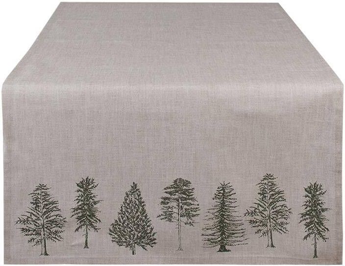 Clayre & Eef Tafelloper 50x140 cm Beige Groen Katoen Rechthoek Dennenbomen Groen