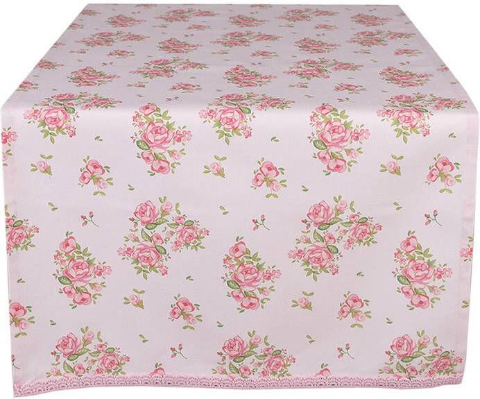 Clayre & Eef Tafelloper 50x140 cm Roze Katoen Rechthoek Rozen Roze