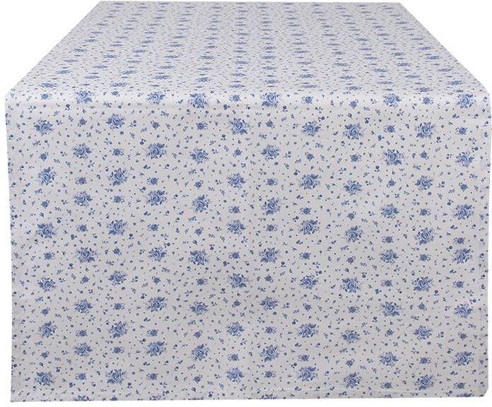 Clayre & Eef Tafelloper 50x140 cm Wit Blauw Katoen Rechthoek Roosjes Blauw