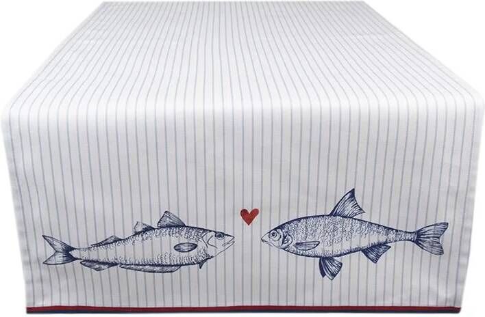 Clayre & Eef Tafelloper 50x140 cm Wit Blauw Katoen Rechthoek Vissen Tafelkleed Wit Tafelkleed