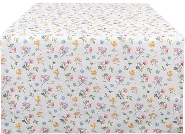 Clayre & Eef Tafelloper 50x140 cm Wit Katoen Bloemen Wit