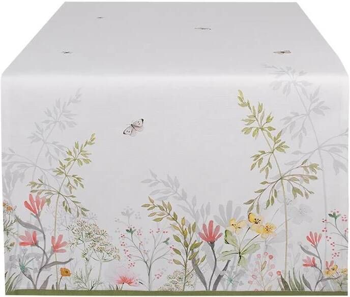 Clayre & Eef Tafelloper 50x140 cm Wit Katoen Bloemen Wit