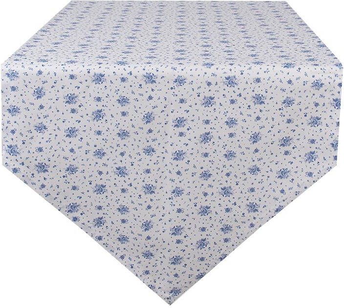 Clayre & Eef Tafelloper 50x160 cm Wit Blauw Katoen Rechthoek Roosjes Blauw
