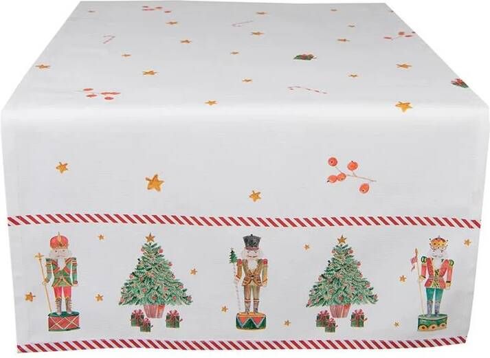 Clayre & Eef Tafelloper Kerst 50x140 cm Wit Rood Katoen Rechthoek Notenkrakers Tafelkleed Wit Tafelkleed